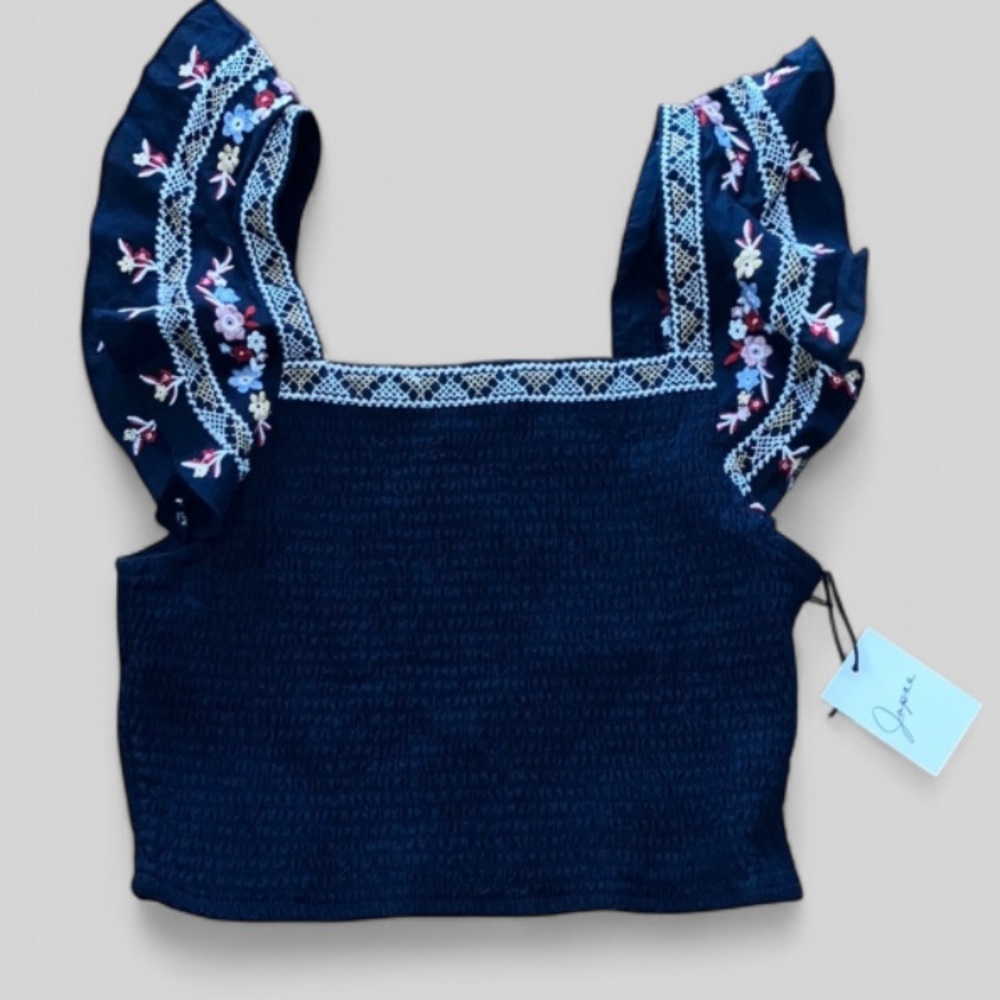 Japna Navy Blue Smocked Floral Embroidered Skeeveless Tank Top Womens Sz 1X